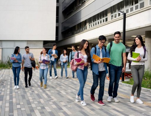 quatro jovens entre homens e mulheres estao do lado esquerdo no primeiro plano andando, conversando e olhando livros juntos; ao fundo é possível, ver mais estudantes e um prédio.