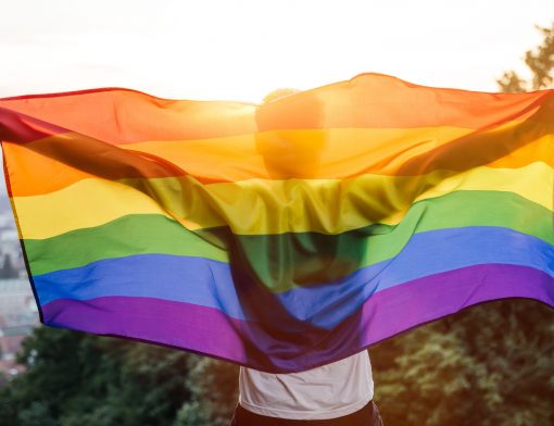 homem está de costas em pé segurando uma bandeira lgbt aberta; vemos árvores e o céu atrás.