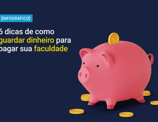 fundo azul com um cofrinho de porquinho rosa com várias moedas ao redor; no canto direto há o escrito infográfico - 6 dicas de como ganhar dinheiro para pagar sua faculdade.